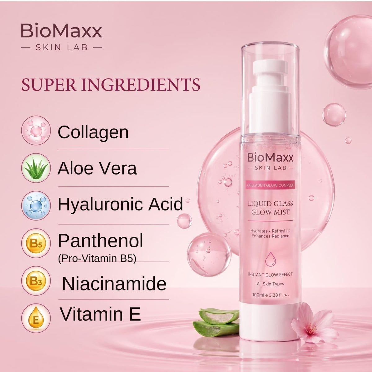 BioMaxx Liquid Glass Mist 100mL – Collagen, Hyaluronic Acid & Niacinamide