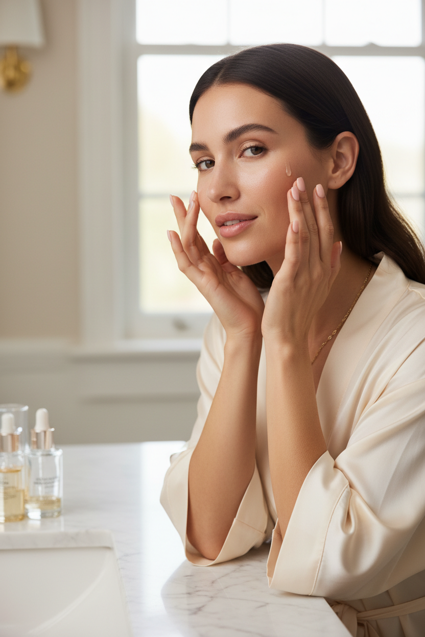 Woman using BioMaxx Skin Lab products and cosmetics