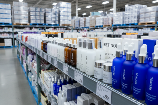 Shop shelfs with cosmetics products for sale