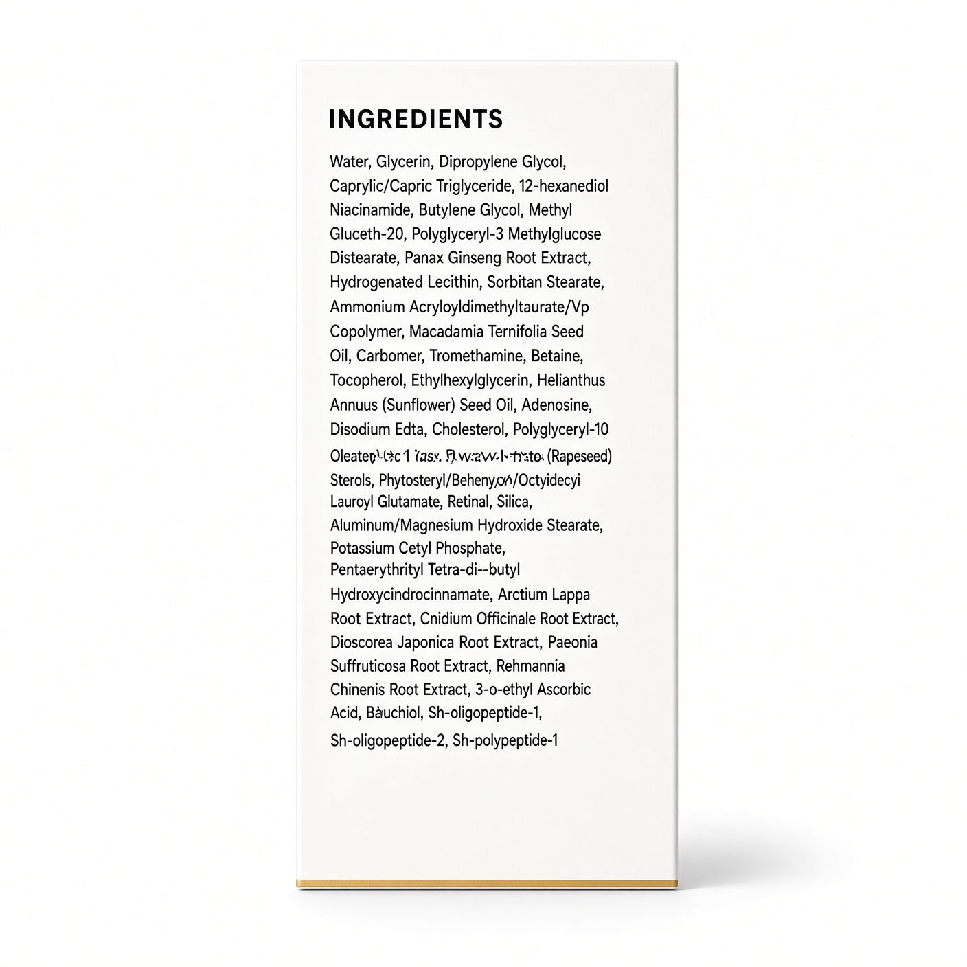A tall, narrow white product card or packaging insert with a black background and a detailed ingredients list under the heading 'INGREDIENTS'. The card is photographed on a clean white background with a soft shadow.