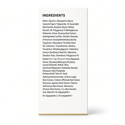 A tall, narrow white product card or packaging insert with a black background and a detailed ingredients list under the heading 'INGREDIENTS'. The card is photographed on a clean white background with a soft shadow.