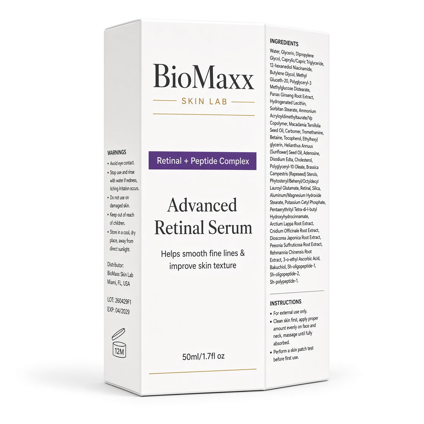 BioMaxx Skin Lab Advanced Retinal Serum box packaging, featuring a white box with black text, gold accents, and a purple banner highlighting the product's retinal and peptide complex.