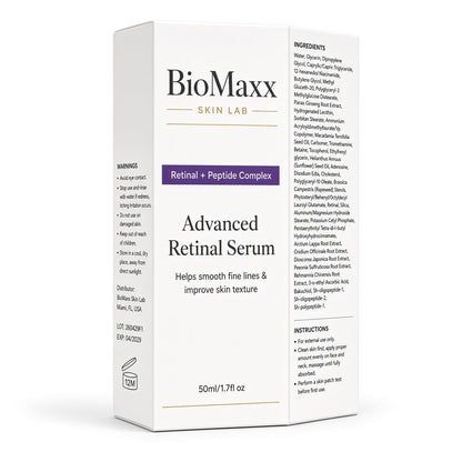 BioMaxx Skin Lab Advanced Retinal Serum box packaging, featuring a white box with black text, gold accents, and a purple banner highlighting the product's retinal and peptide complex.